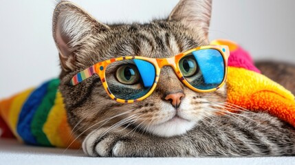 Stylish Tabby Cat Wearing Colorful Eyeglasses in Fashionable Portrait  Playful and Whimsical Image of a Domestic Feline Accessorized with Trendy Glasses in a Cozy Studio Setting