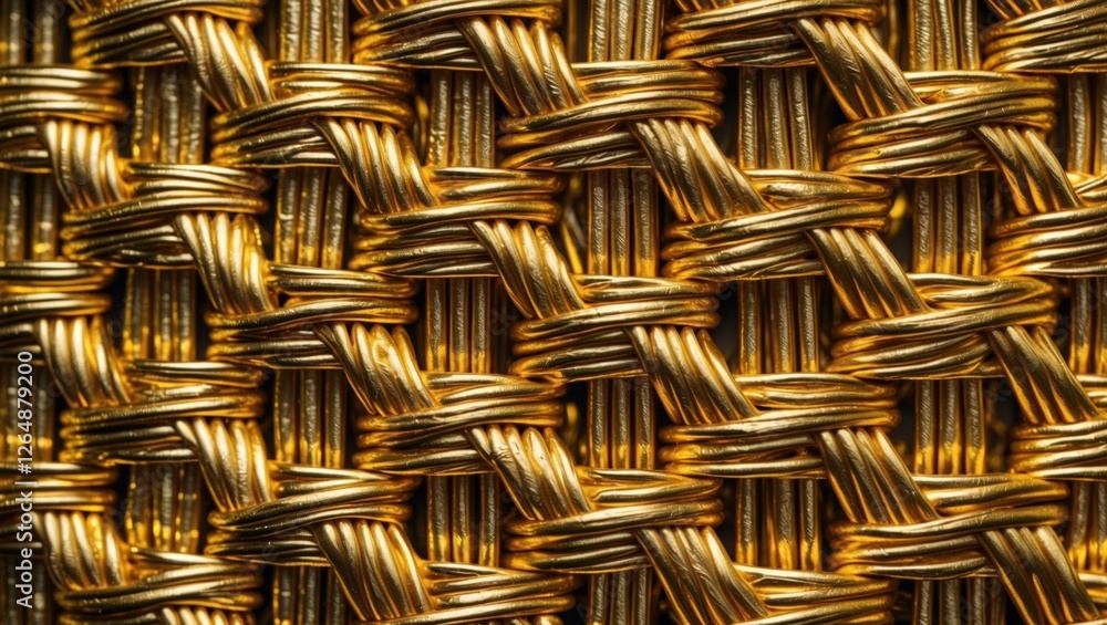 Poster close-up of intricately woven golden metallic threads creating a textured pattern with reflective su