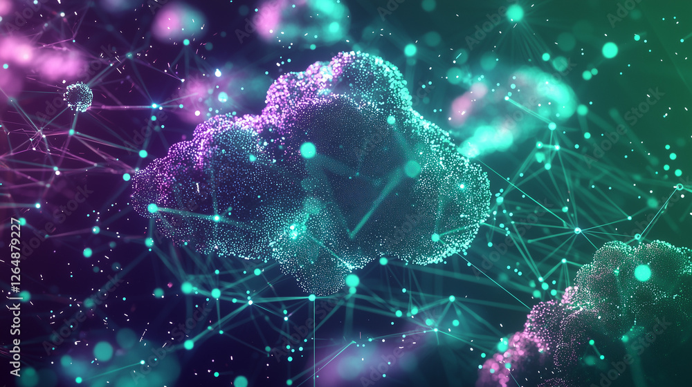 Poster stylized cloud formation with glowing nodes and connecting lines, representing a complex network or 
