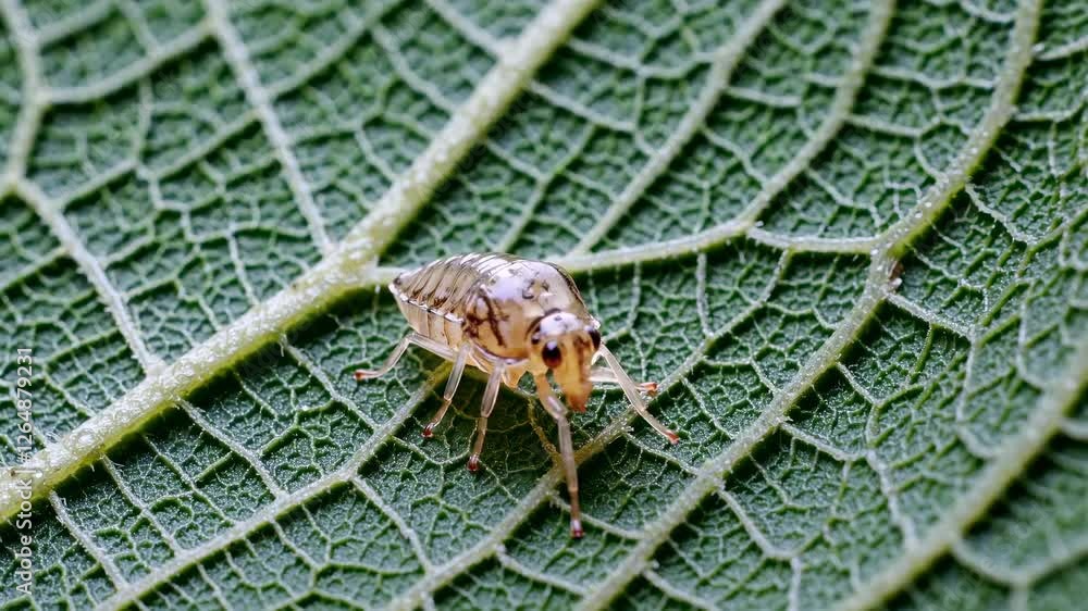 Aufkleber close-up view of a tiny insect on a green leaf in a natural environment in daylight