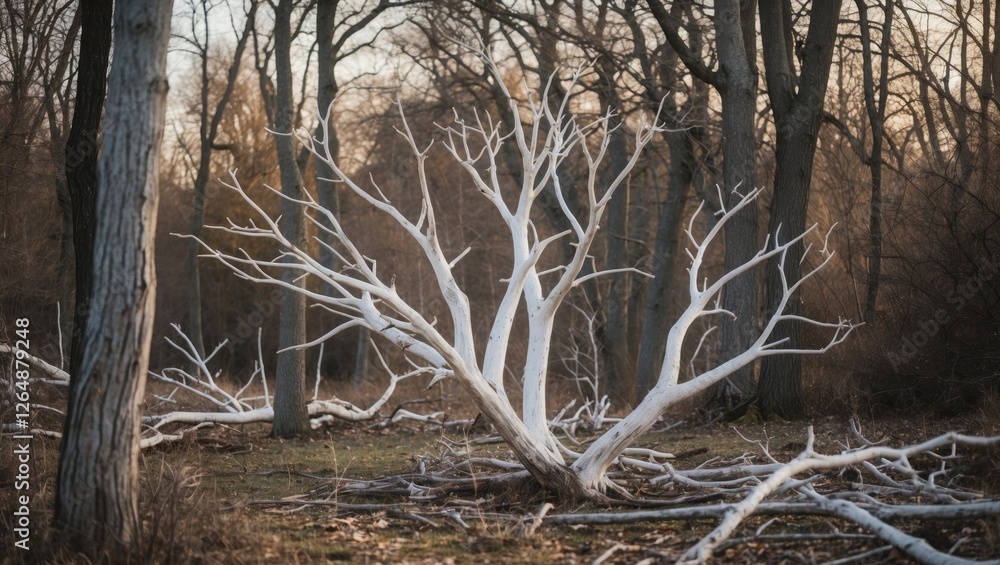 Poster barren white tree with intricate branches in a forest setting during early evening light with fallen
