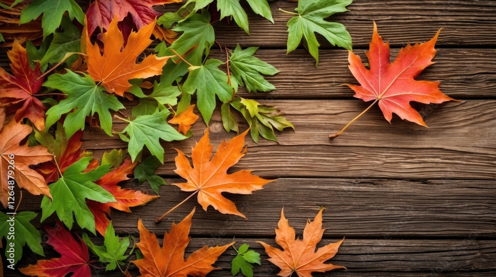 Aufkleber autumn leaves of various colors on weathered wooden background with ample copy space for overlay tex