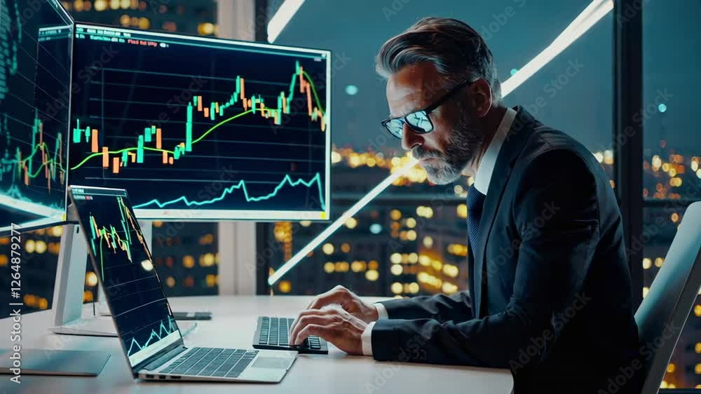 Poster experienced financial analyst working late at night in modern office with city view, analyzing stock