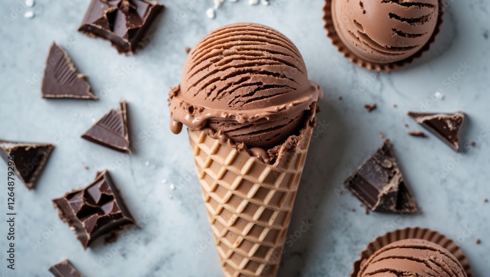 Poster chocolate ice cream cone with chocolate chunks and scoops on marble surface with copy space