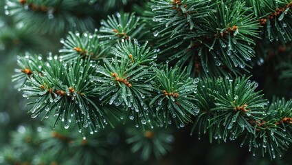 Close-up of evergreen tree branches covered with water droplets after rain showing green needles and natural texture Copy Space