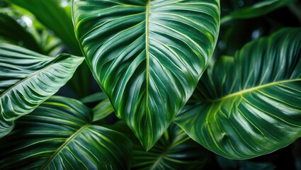 Close-up of lush green tropical leaves with prominent veins and textures on a blurred background, ideal for nature-themed projects, Copy Space