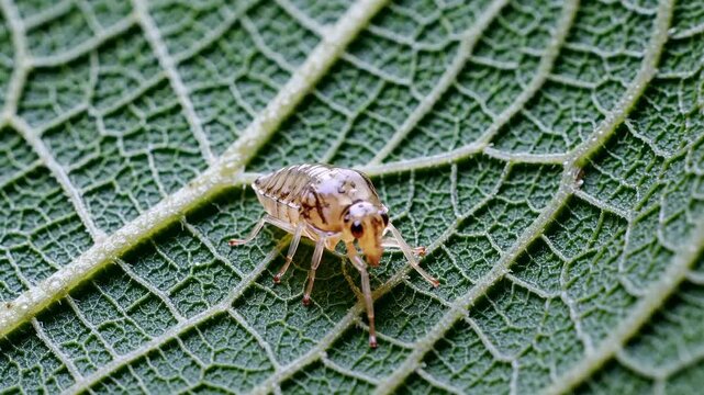 Close-up view of a tiny insect on a green leaf in a natural environment in daylight