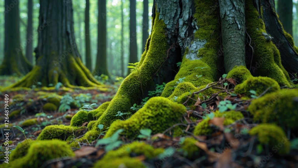 Poster moss covered tree roots in a lush green forest with soft light filtering through tall trees copy spa