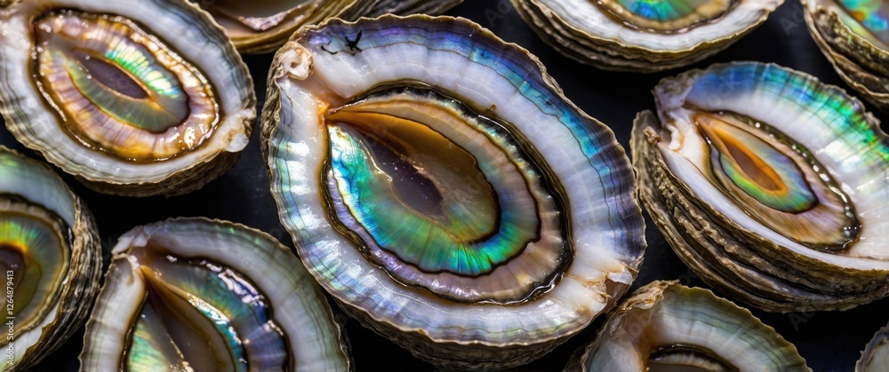 Poster abalone shells with iridescent interiors arranged in a decorative pattern on a dark background copy 