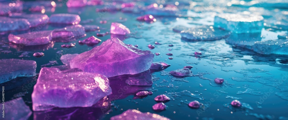 Aufkleber colorful ice blocks on a reflective surface with purple and blue hues, creating an abstract backgrou