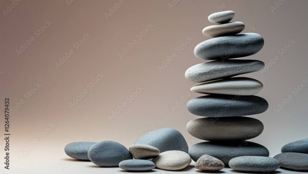 Poster stacked smooth pebbles on a gradient background with additional stones scattered around featuring co