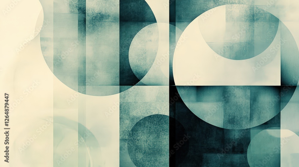 Poster a layered design with overlapping circles and squares, each shape varying in opacity and size, resul