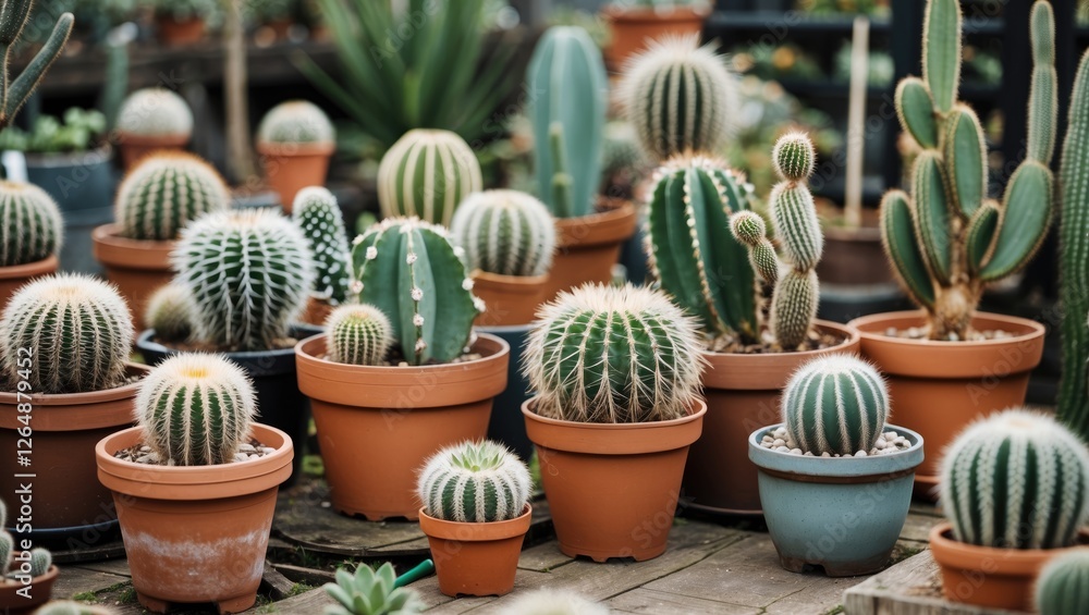 Poster diverse collection of potted cacti in various sizes and shapes arranged in a gardening setting with 