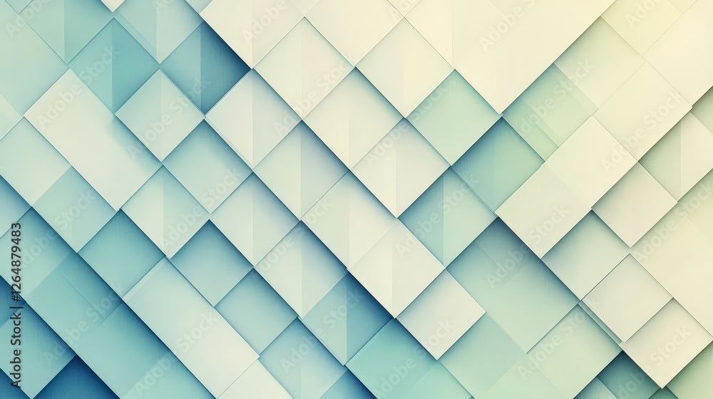 Poster a layered diamond pattern with varying sizes and subtle gradient effects in soft blues and greens, o