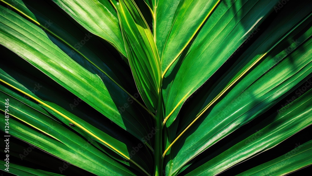 Poster close-up of vibrant green palm leaves with intricate patterns and textures illuminated by natural li