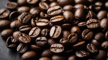 Fototapeta premium Close-up view of roasted coffee beans on a dark surface with visible texture and detail Copy Space