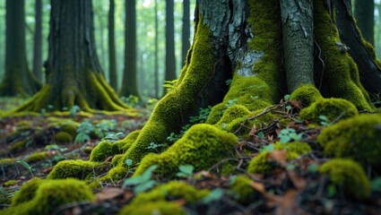 Moss covered tree roots in a lush green forest with soft light filtering through tall trees Copy Space