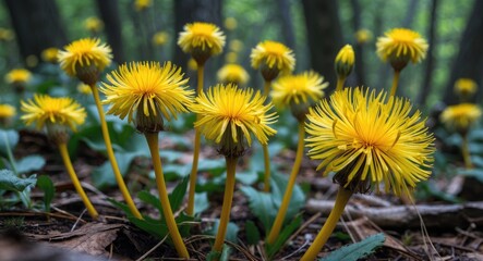 Close-up view of vibrant yellow flowers in forest undergrowth with soft focus background and green foliage Copy Space