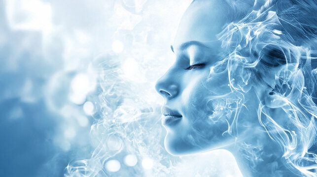 Captivating woman surrounded by mist exudes a sense of calm and rejuvenation in an ethereal atmosphere