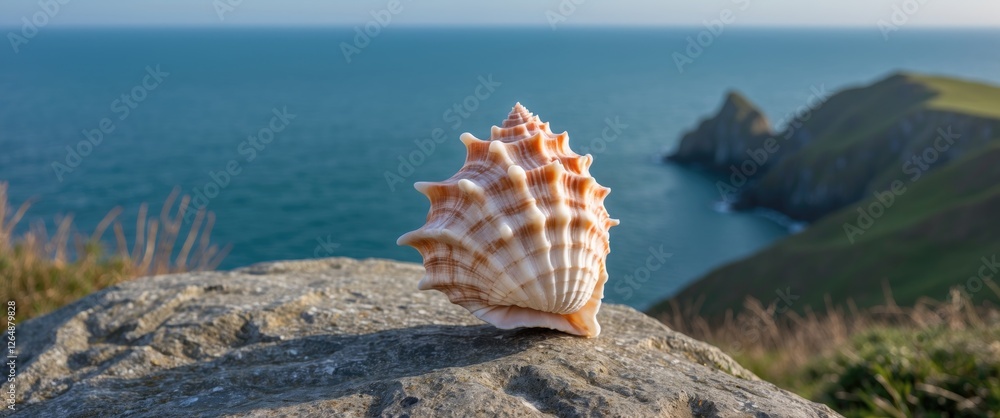 Poster conch shell placed on a rock overlooking a tranquil coastal landscape with cliffs and ocean in the b