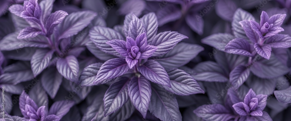 Poster close-up of vibrant purple leaves with intricate textures and patterns in natural light suitable for