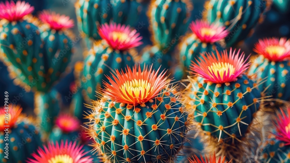 Poster colorful flowering cacti in a desert setting with sharp spines and vibrant blooms against a blurred 