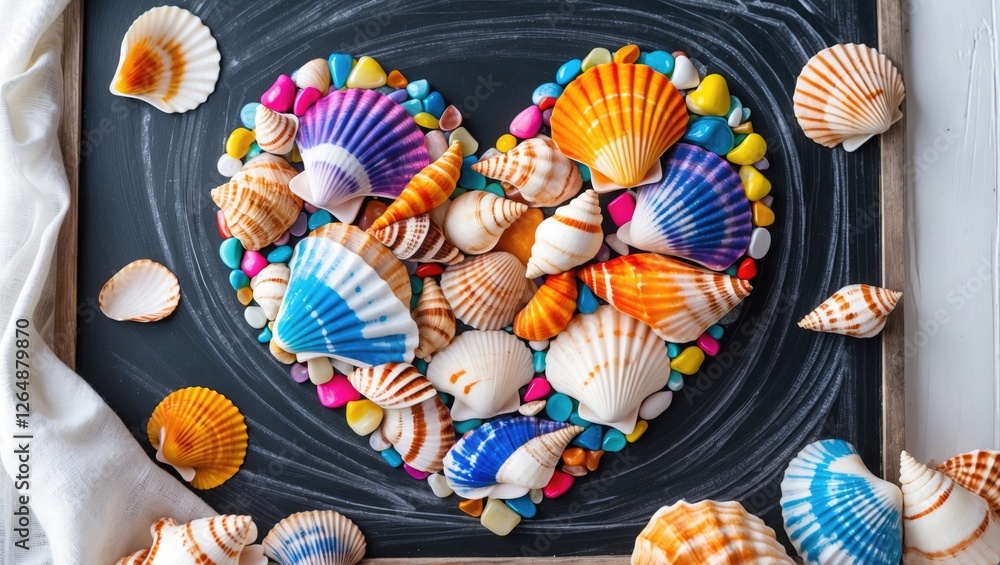 Poster colorful sea shells arranged in a heart shape on a dark background with vibrant stones and scattered