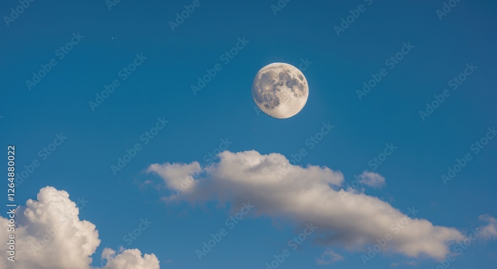 Poster full moon in the blue sky surrounded by fluffy white clouds with ample copy space for text placement
