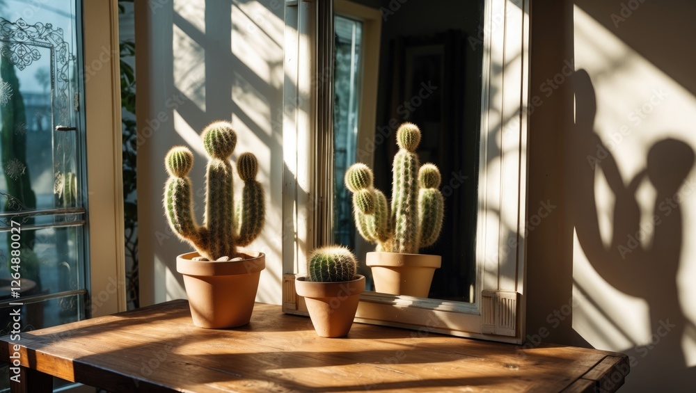 Poster cacti in terracotta pots on wooden table with reflections in mirror and shadows from window light co
