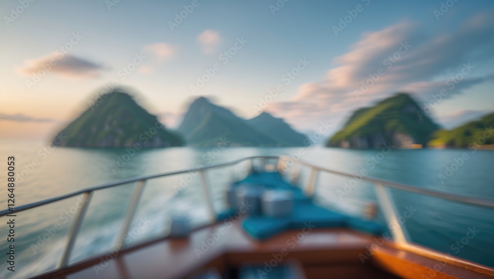 Poster blurry view from a boat navigating through tropical islands with mountains in the background and sof