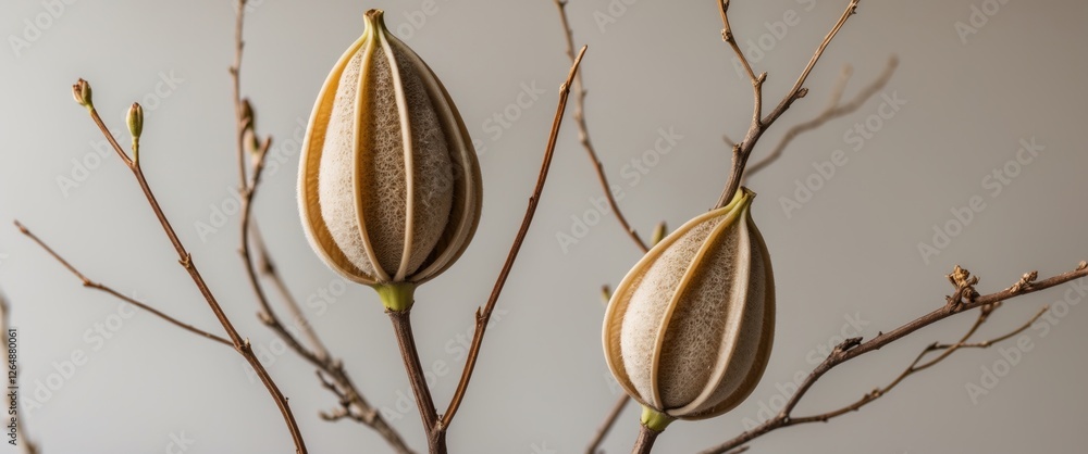 Aufkleber dried seed pods on bare branches against a neutral background with copy space for text