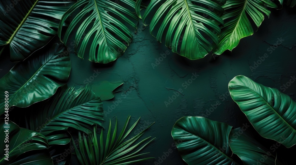 Poster green tropical leaves arranged artistically on a dark textured background with ample copy space for 