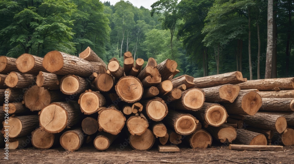 Poster stacks of freshly cut tree logs in a forest setting with surrounding greenery and soft natural light