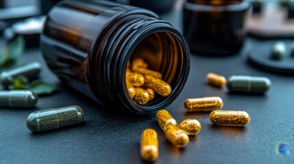 Close-up view of pills spilling out of a bottle with herbal leaves on a black surface. Generative AI