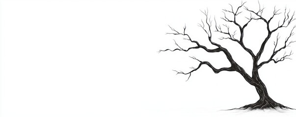 Fototapeta premium Leafless black tree silhouette on a plain white background representing loneliness and desolation in nature