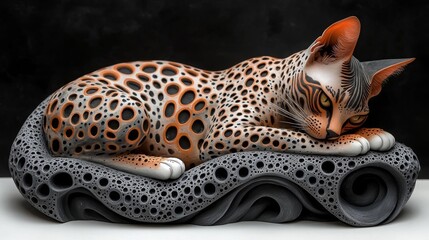 Obraz premium Artistic Sculpture of a Resting Cat with Patterned Details. Generative AI