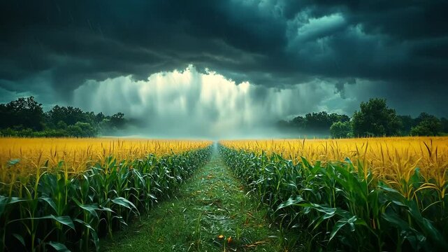Dramatic storm unfolds over lush cornfield pathway.