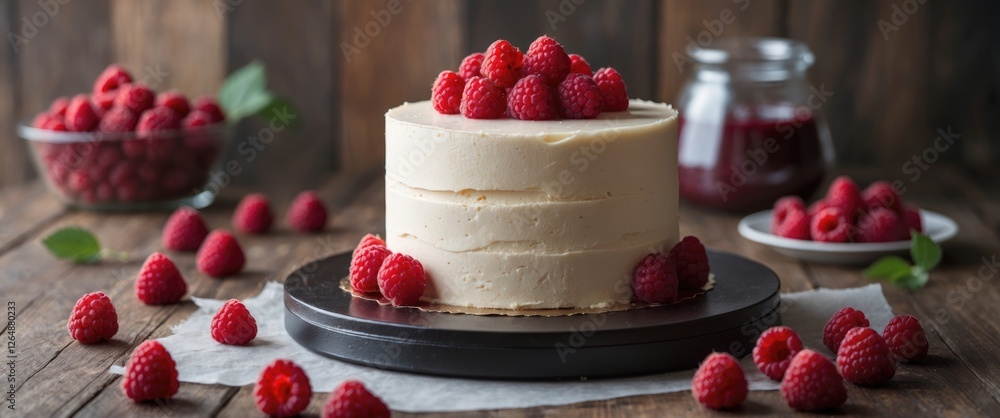 Poster raspberry topped cake with fresh raspberries and jam on wooden table with copy space for text.