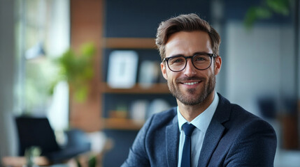 Fototapeta premium Professional man smiling in modern office setting with plants and books in the background during daytime