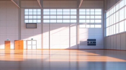 Fototapeta premium Bright Spacious Empty Hall With Wooden Floor And Large Windows