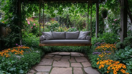 Serene garden swing surrounded by vibrant flowers and greenery. Generative AI