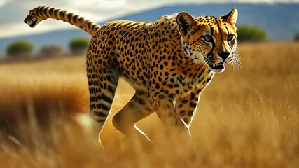 Majestic cheetah stalking through golden savannah grasslands. - Powered by Adobe