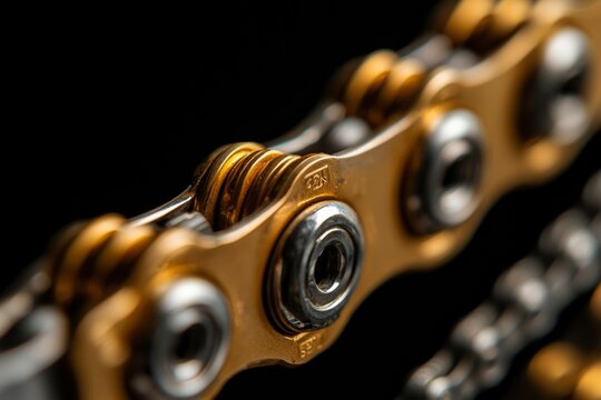 Close-up of a gold bike chain highlighting its links with black background