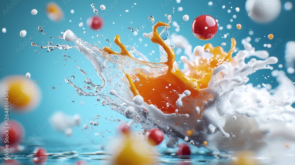 Poster macro shot of vibrant paint drops colliding and creating a splash of colors and motion the image cap