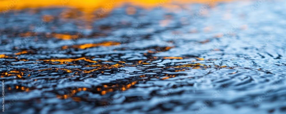 Poster glimmering blue water surface with soft orange light reflections creating a serene natural atmospher