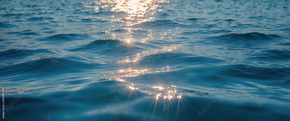 Poster calm ocean surface with sunlight reflections creating shimmering patterns in the water copy space