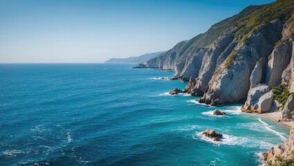 Fototapeta premium Coastal landscape with rugged cliffs and turquoise waters under clear blue sky in daylight Copy Space