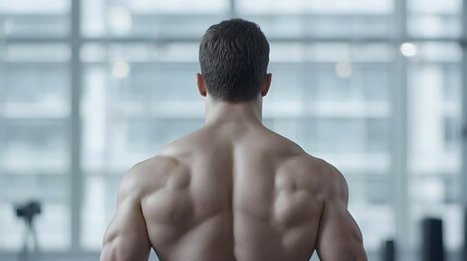 Muscular Man Back View In Bright Gym