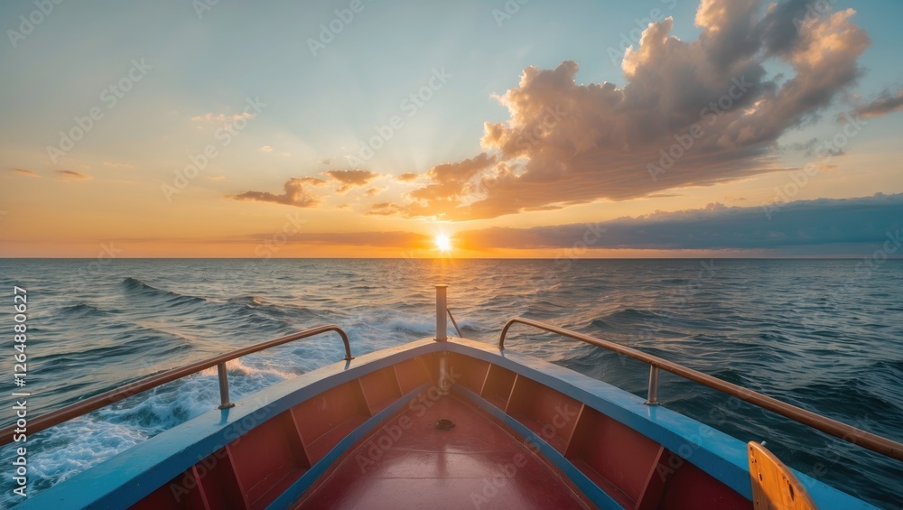 Poster sunset view from the bow of a boat on the ocean with gentle waves and colorful sky copy space
