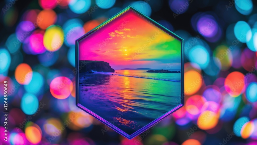 Poster colorful sunset reflection on a beach with vibrant bokeh lights in the background and hexagonal fram
